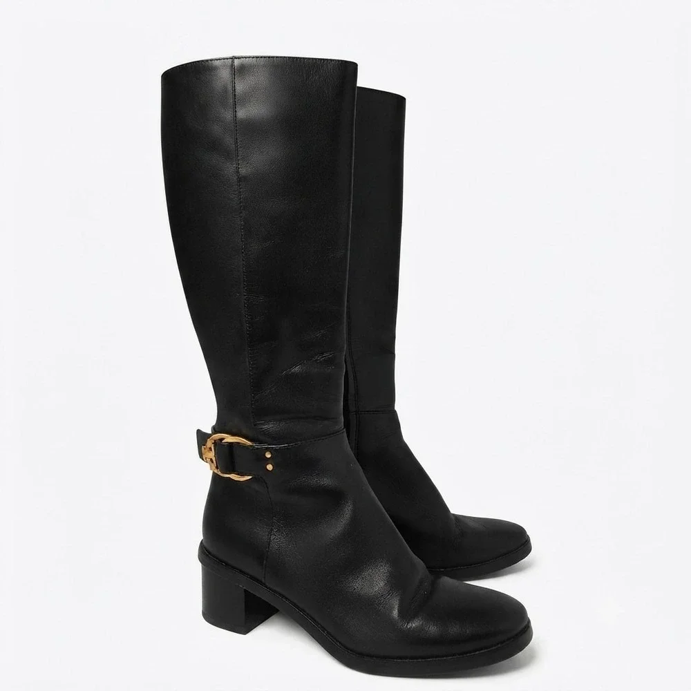 Tory Burch Black Leather Riding Boots Gold Buckle Tall Chic Equestrian 7.5 M